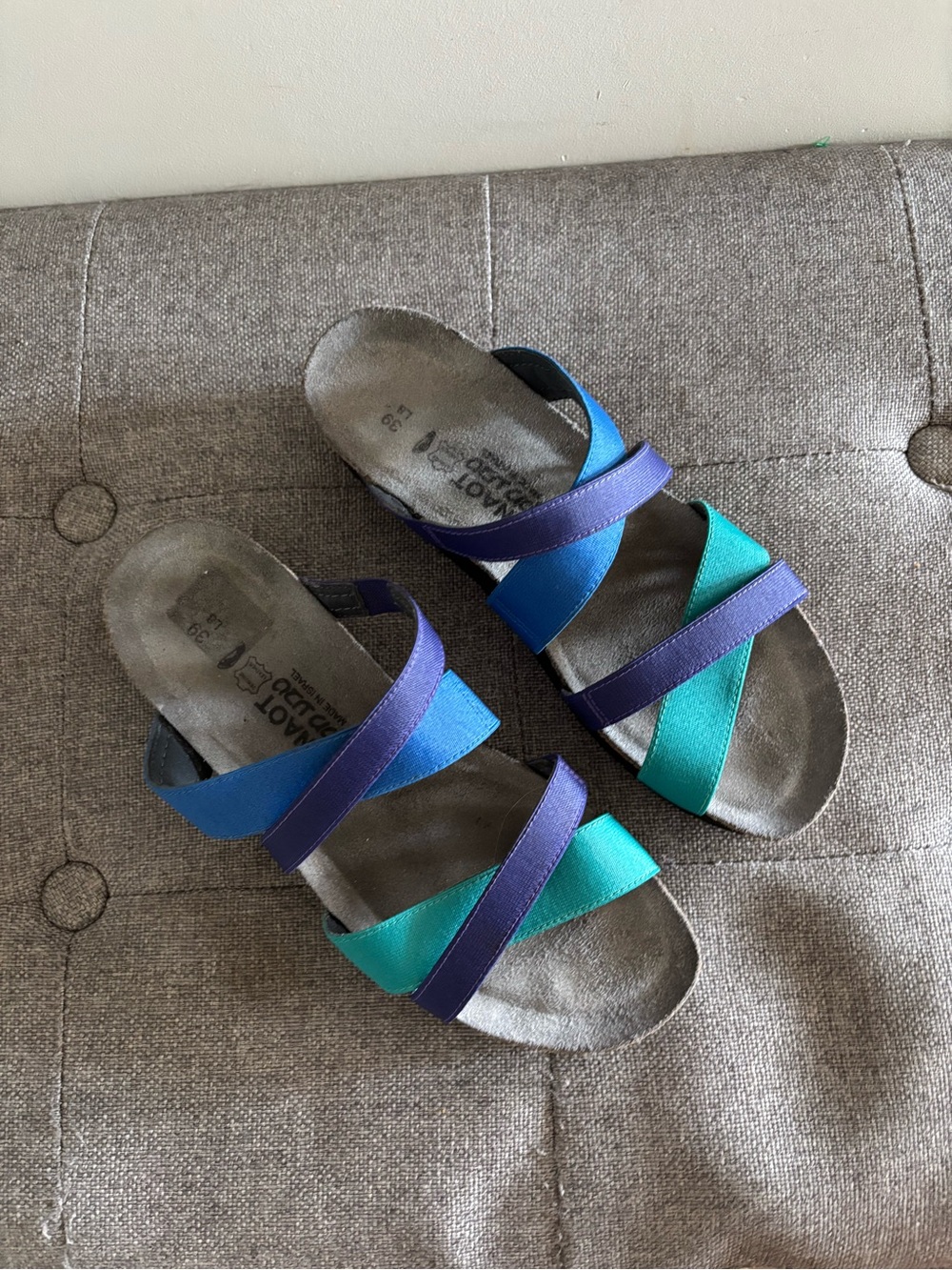 Naot Roxanna Strappy Slide Stretch Sandals Aqua Royal Blue Gloss Purple 39